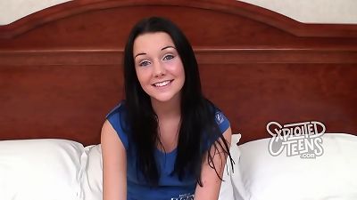 Very cute and skinny 95 pound brunette teen sucks a fat cock