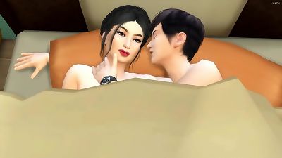 Step son enters his hot asian step mommy apartment late at night to share the bed with her because he was afraid to be alone, she accepted but in the end everything turned into hump